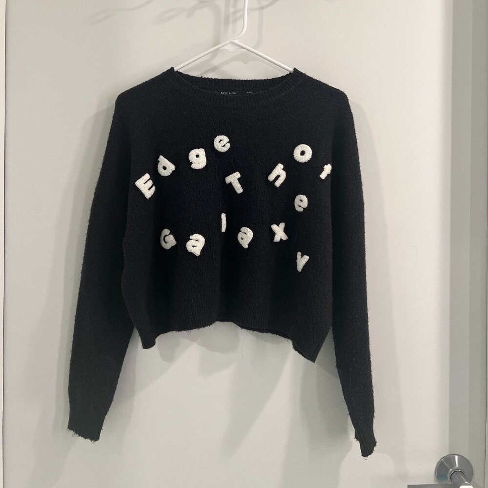 Black Crewneck Pullover Sweater - White Raised Lettering "Edge of the Galaxy"
